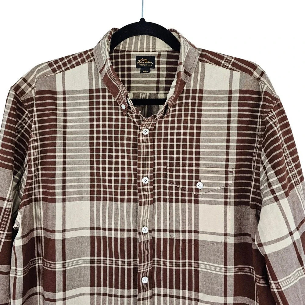 LL Bean Men's Large Brown‎ Cream Plaid Button Down Cotton Shirt Long Sleeve